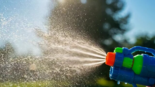 Water gun spraying water in bright sunlight during summer playtime  