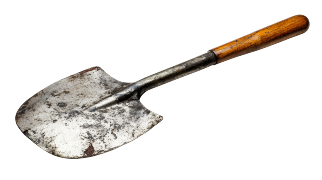 A shovel with a wooden handle and metal blade,Transparent background, PNG file
