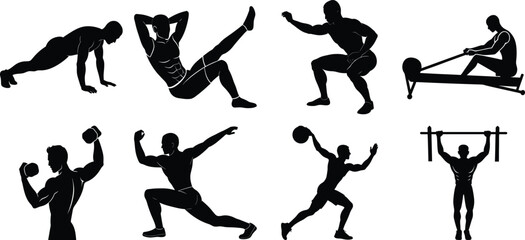 Fitness and Gym Activity Silhouettes set, vector design bundle
