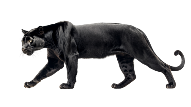A sleek black panther walking cautiously, muscles rippling, Transparent background, PNG file