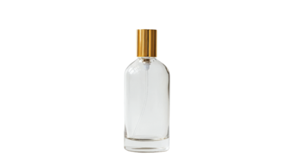A sleek glass bottle of perfume with a gold atomizer, Transparent background, PNG file