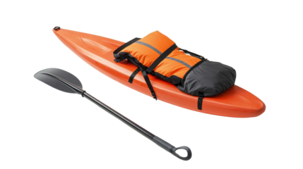 A sleek kayak paddle lying next to a life jacket, Transparent background, PNG file