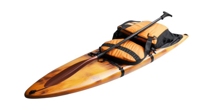 A sleek kayak paddle lying next to a life jacket, Transparent background, PNG file