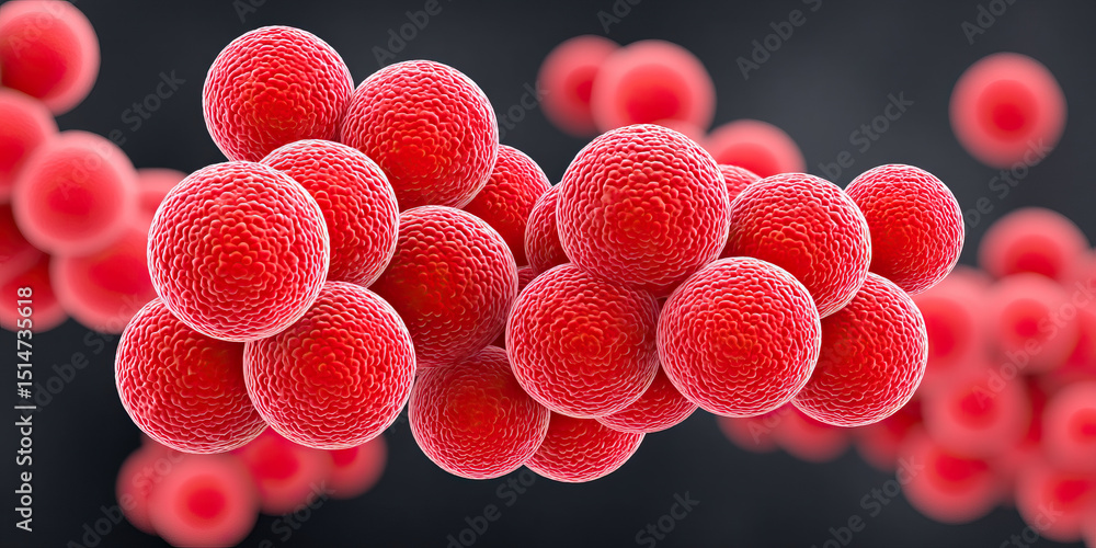 Poster red spherical bacteria cluster with textured surface, microscopic view showing detailed microbial st