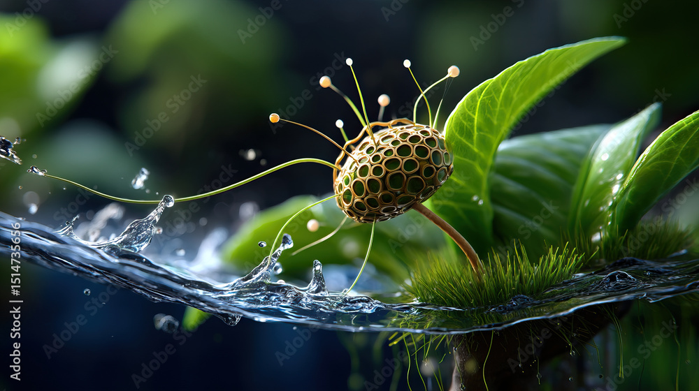 Poster macro of engineered molecule merging with water splash and green leaf background in nature