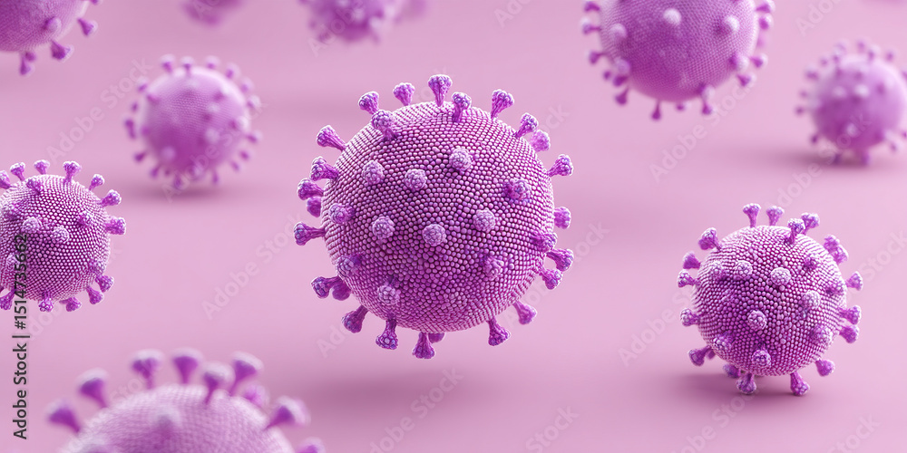 Poster purple virus particle close up with mrsa bacteria concept in soft pink background showing infection 
