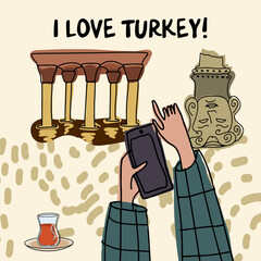 Card, invitation, sightseeing in Turkey, childish style, hand drawn, line drawing, texture. Vector illustration.