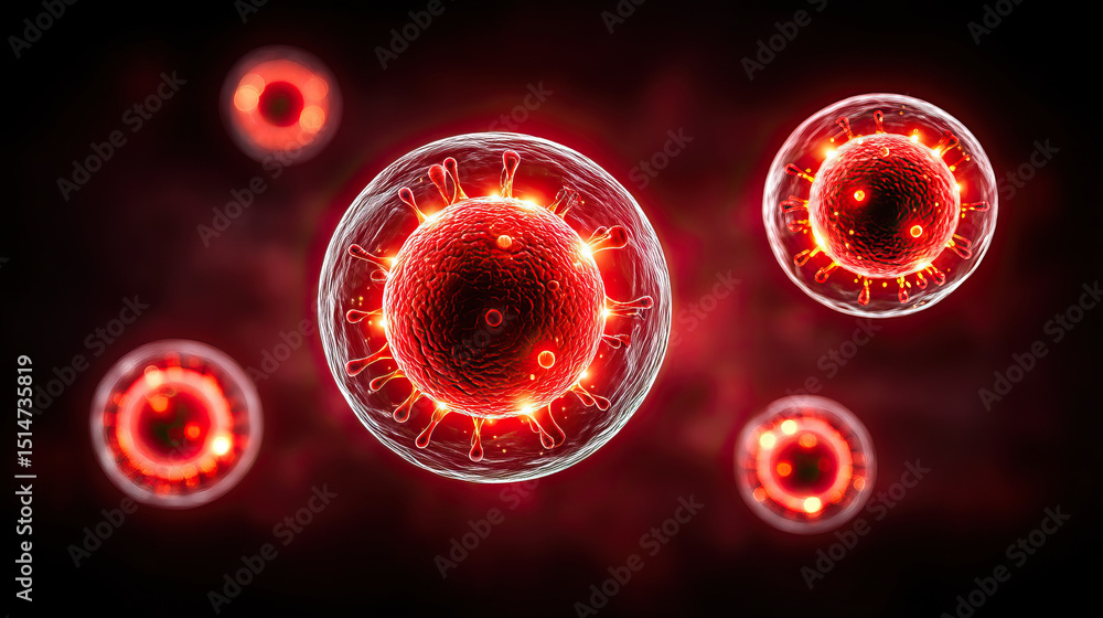 Poster red glowing virus cells float in dark space showing mrsa infection with detailed structure and brigh