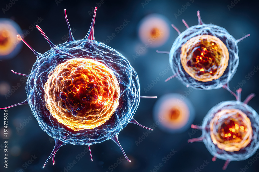 Poster virus cell infection mrsa concept with glowing structure and microscopic view of bacteria in blue ba