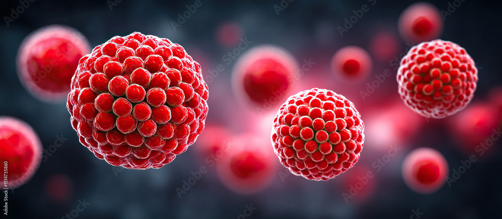 Poster red spherical virus particles float in dark background showing mrsa bacteria in detailed microscopic