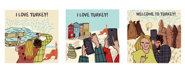 Postcards, cards set, collection with sights of Turkey, Istanbul, symbols, couple of tourists. Hand drawn line vector illustration.