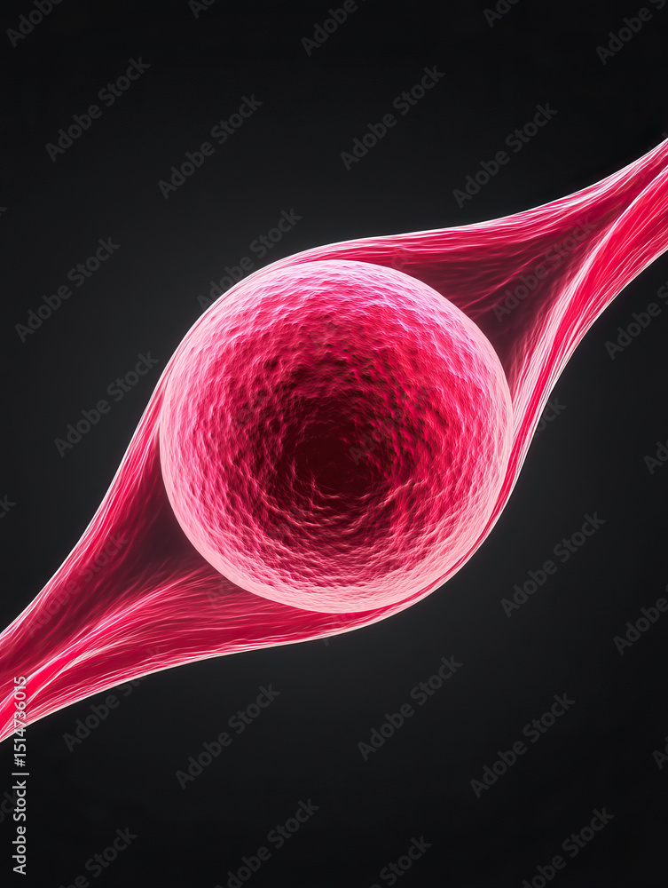 Poster glowing red spherical cell with elongated extensions on dark background showing mrsa bacteria concep