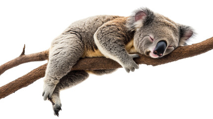 Fototapeta premium A sleepy koala hanging from a tree branch, gently dozing, Transparent background, PNG file