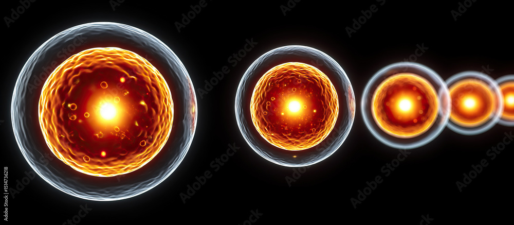 Poster cell division process showing multiple stages of mitosis with glowing orange nuclei and transparent 