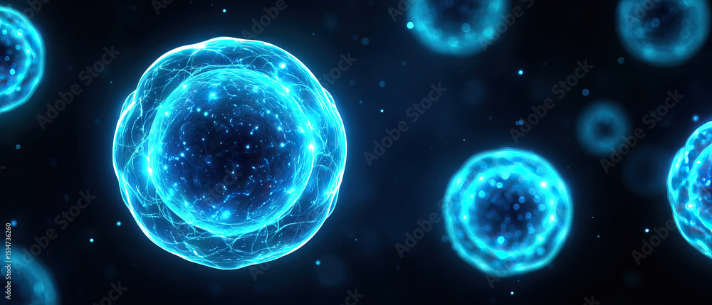 Poster glowing blue molecule with intricate network structure floating in dark space, showing scientific an