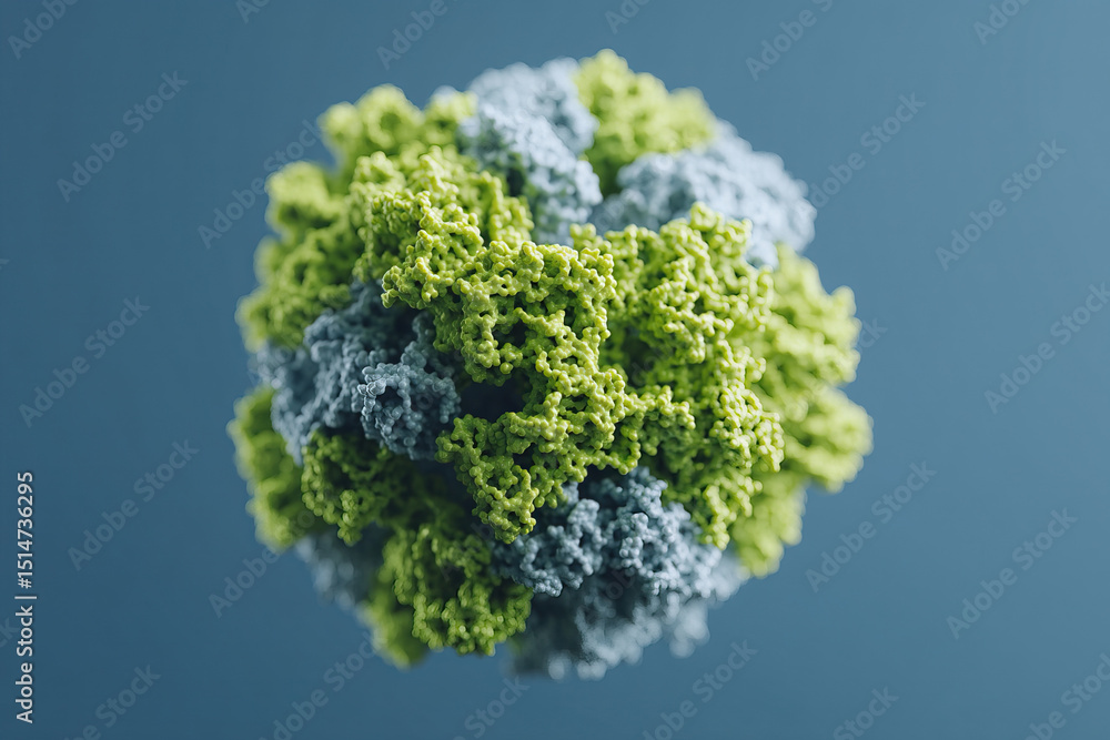 Poster detailed 3d model of virus particle showing complex protein structures in green and blue colors with