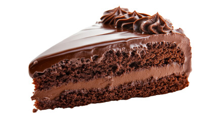 A slice of chocolate cake with rich ganache, Transparent background, PNG file