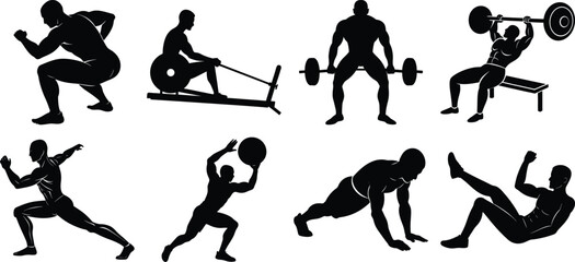 Fitness and Gym Activity Silhouettes set, vector design bundle
