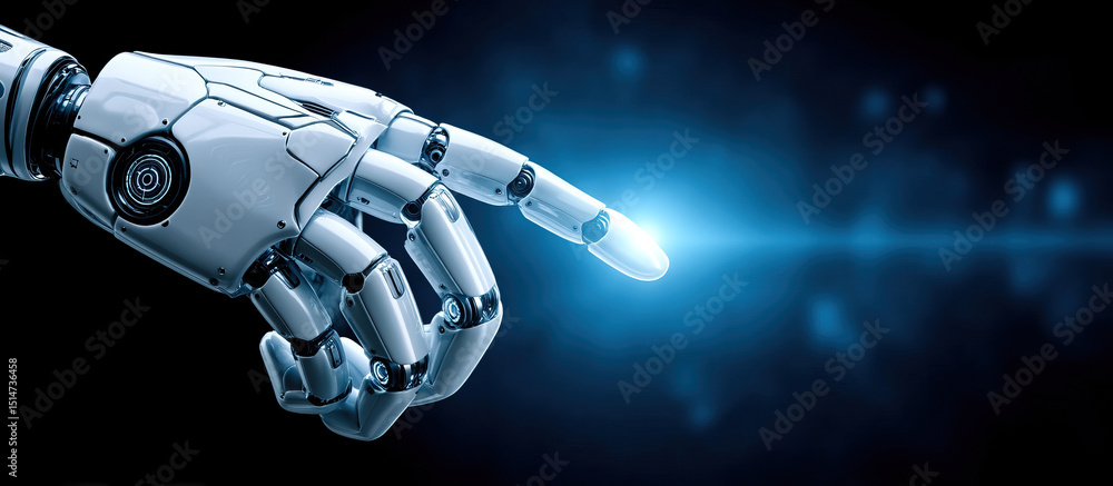 Poster futuristic robotic hand with glowing fingertip pointing forward in dark space, symbolizing advanced 
