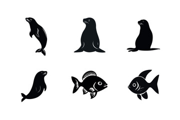 Fototapeta premium Sea lion and seal silhouettes with fish icons