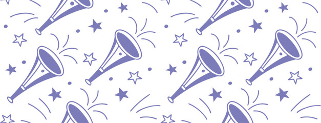 Seamless festive pattern with party horns, stars, and burst lines in purple tones. Perfect for celebration designs, event invitations, or birthday  Playful, cheerful, and fun artwork.