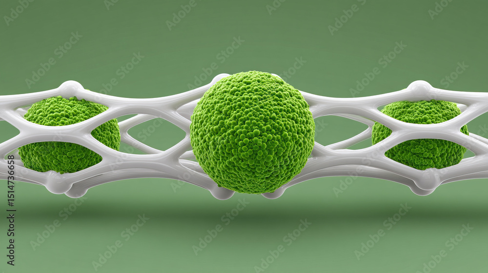Poster green cell structure with white mesh network on green background shows biotechnology concept of adap