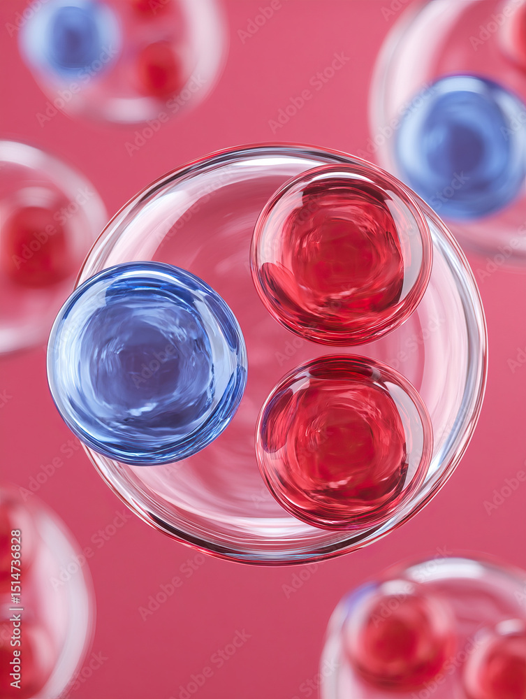 Poster red and blue liquid droplets float in transparent spheres on pink background showing vibrant and dyn