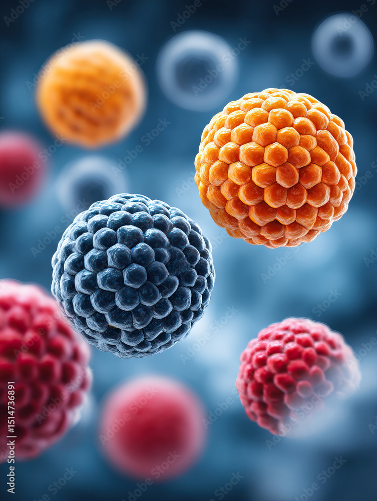 Poster spherical molecular structures with hexagonal patterns vibrant orange, blue, and red colors float so