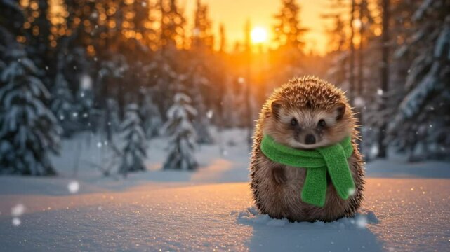 Hedgehog in Winter Wonderland: A charming hedgehog bundled in a cozy green scarf sits amidst a pristine snowy landscape, bathed in the golden light of a winter sunset.