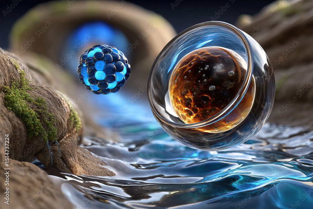 Poster floating molecular structures dynamic natural environment with water and rocky textures, showing vib