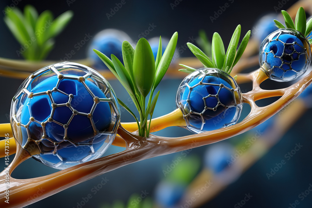 Poster blue molecule with green leaves on brown branch, showing dynamic scene of floating molecular structu