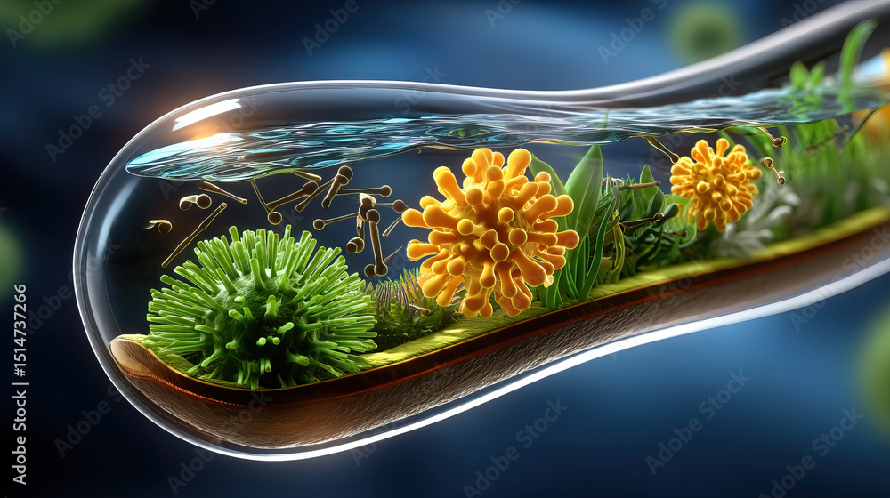 Poster microorganism interaction transparent environment showing green and orange virus like structures wit