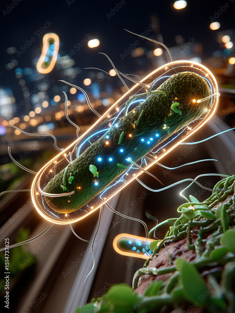 Poster bacteria with glowing membrane and flagella in microscopic view showing detailed cellular structure 