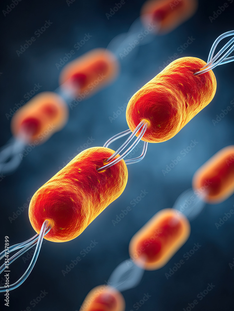 Poster bacteria with flagella showing mrsa infection concept in microscopic view with glowing orange and re