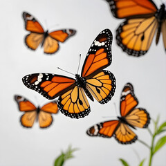 Fototapeta premium Five monarch butterflies in flight against a white background