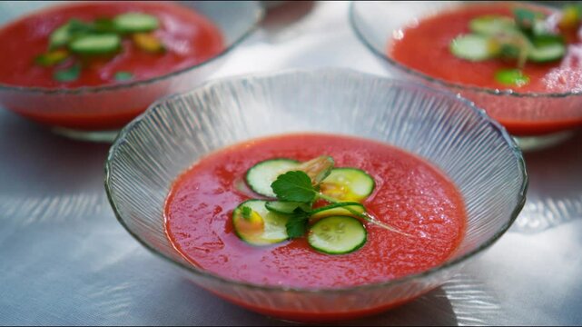 Gazpacho soup in transparent bowls.