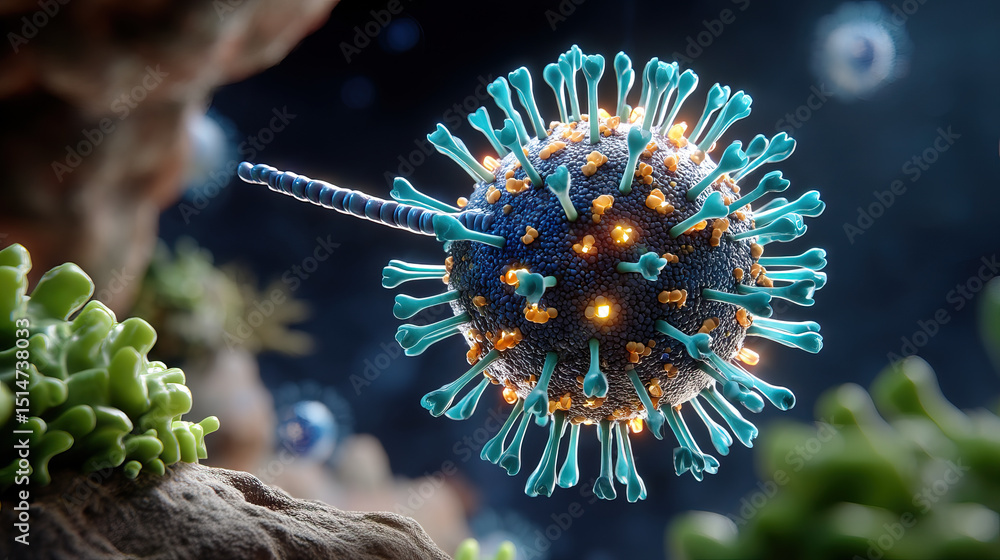 Aufkleber virus particle mrsa infection concept with glowing spikes and detailed surface in microscopic enviro