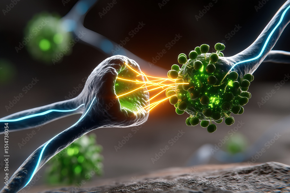 Poster neural synapse transmitting signals with glowing green virus particles illustrating mrsa infection a