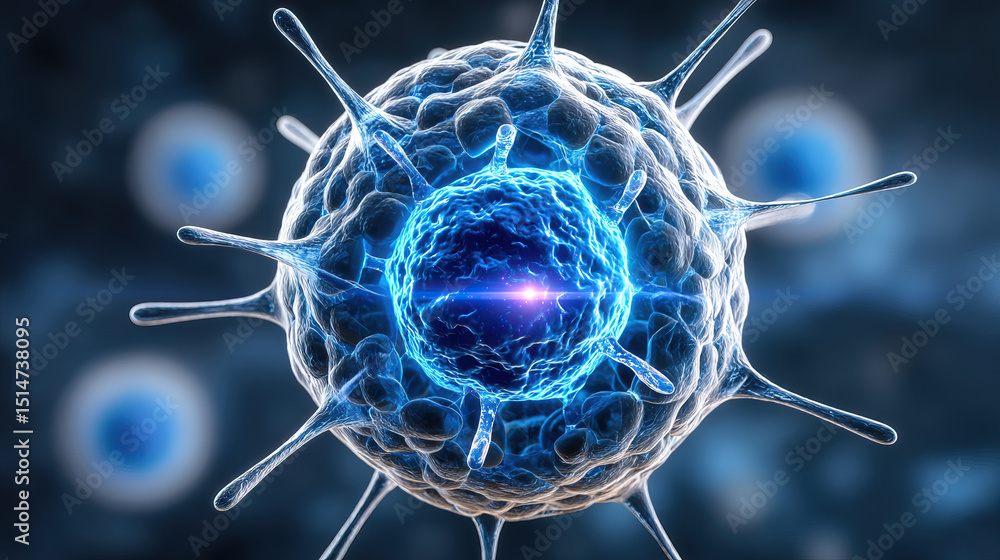 Poster detailed 3d illustration of virus cell with glowing blue core showing mrsa infection in microscopic 