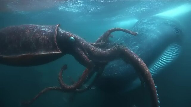 Giant squid encounters whale in deep ocean waters