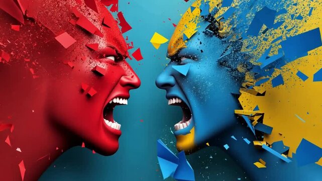 Rage Face Off: A visceral digital art depicting the fury and tension of two clashing figures, their faces contorted in anger and anguish, symbolizing conflict and strife.