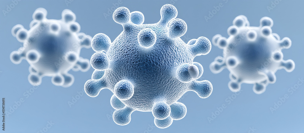 Poster virus particle close up with mrsa bacteria concept in blue background showing infection and health r