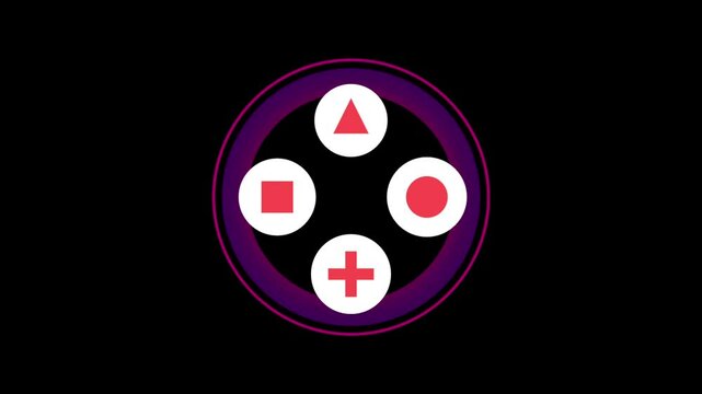 A circular controller interface with button symbols in red and white, mimicking gaming device layouts for interactive design visuals