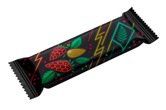 Glossy Snack Bar Packaging Mockup with Fruit and Neon Design Elements on Transparent Background, ai generated