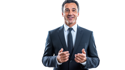 A team leader in a formal business suit, preparing to give a presentation to colleagues, Transparent background, PNG file