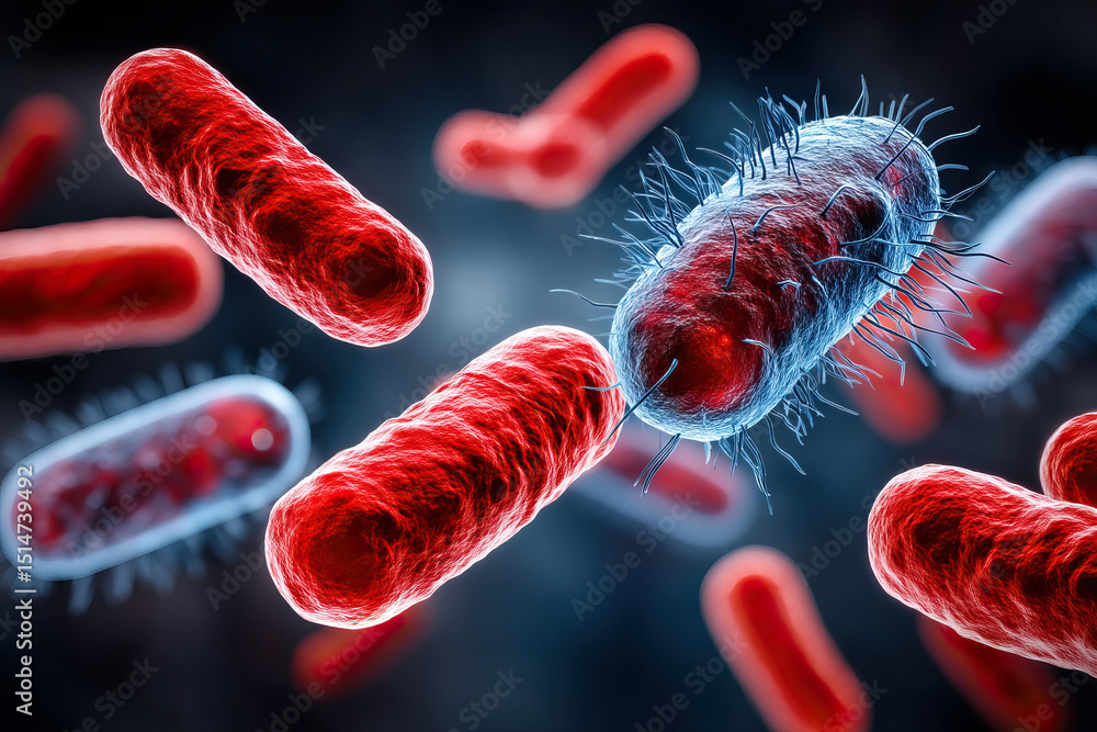 Poster bacteria cell with hair like structures in microscopic view showing red and blue colors in scientifi