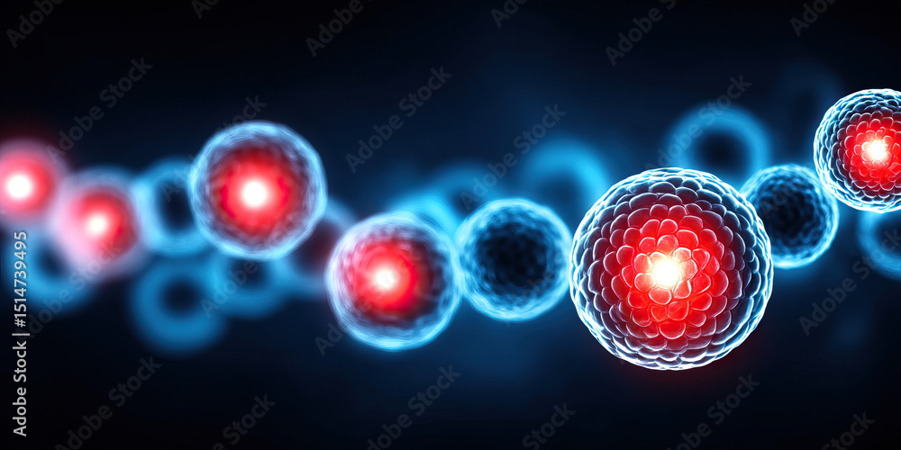 Poster glowing red and blue atomic particles with detailed structure floating in dark space, illustrating s