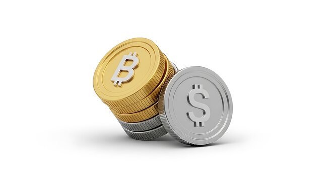 Cryptocurrency and Dollar Coins Stacked Bitcoin vs. US Currency