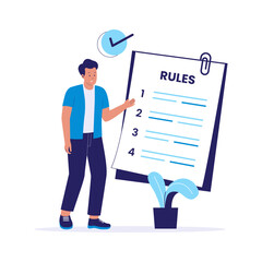 Rules Concept Illustration with Man Pointing at Numbered Checklist Document. Illustrations for websites, landing pages, mobile apps, posters and banners