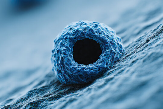 Blue synthetic structure highlighted near mutated cell surface, showing detailed texture and depth in scientific close up view